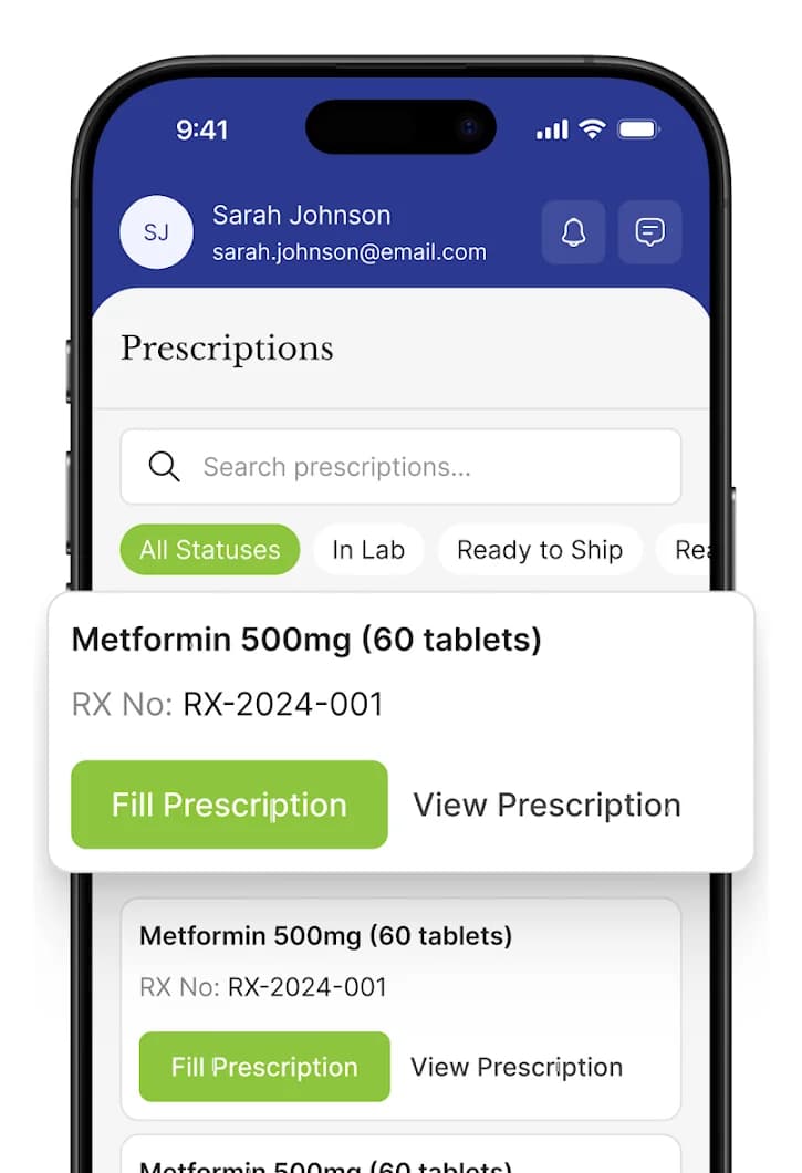 The NLCP Portal app showing a prescription list with a Fill Prescription button