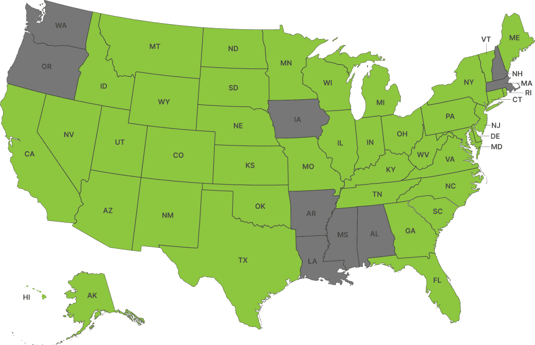 US Map showing licensed and authorized service states